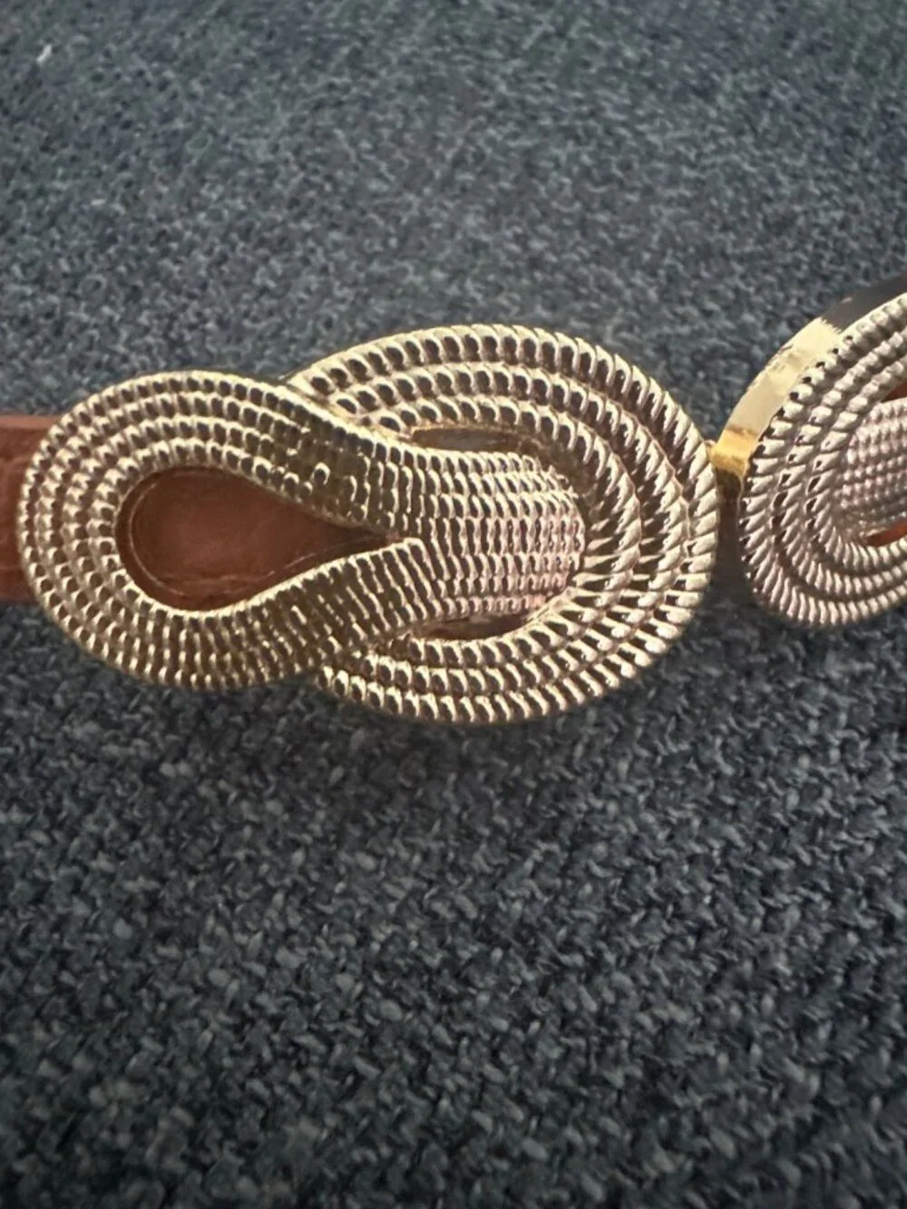 Thin Brown Faux Leather Belt Gold-Tone Knot Buckle Womens Adjustable 26-49 In